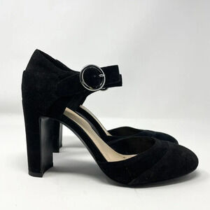 Nine West Suede Leather Ankle Strap Round Toe Heels Pump Black Size 6